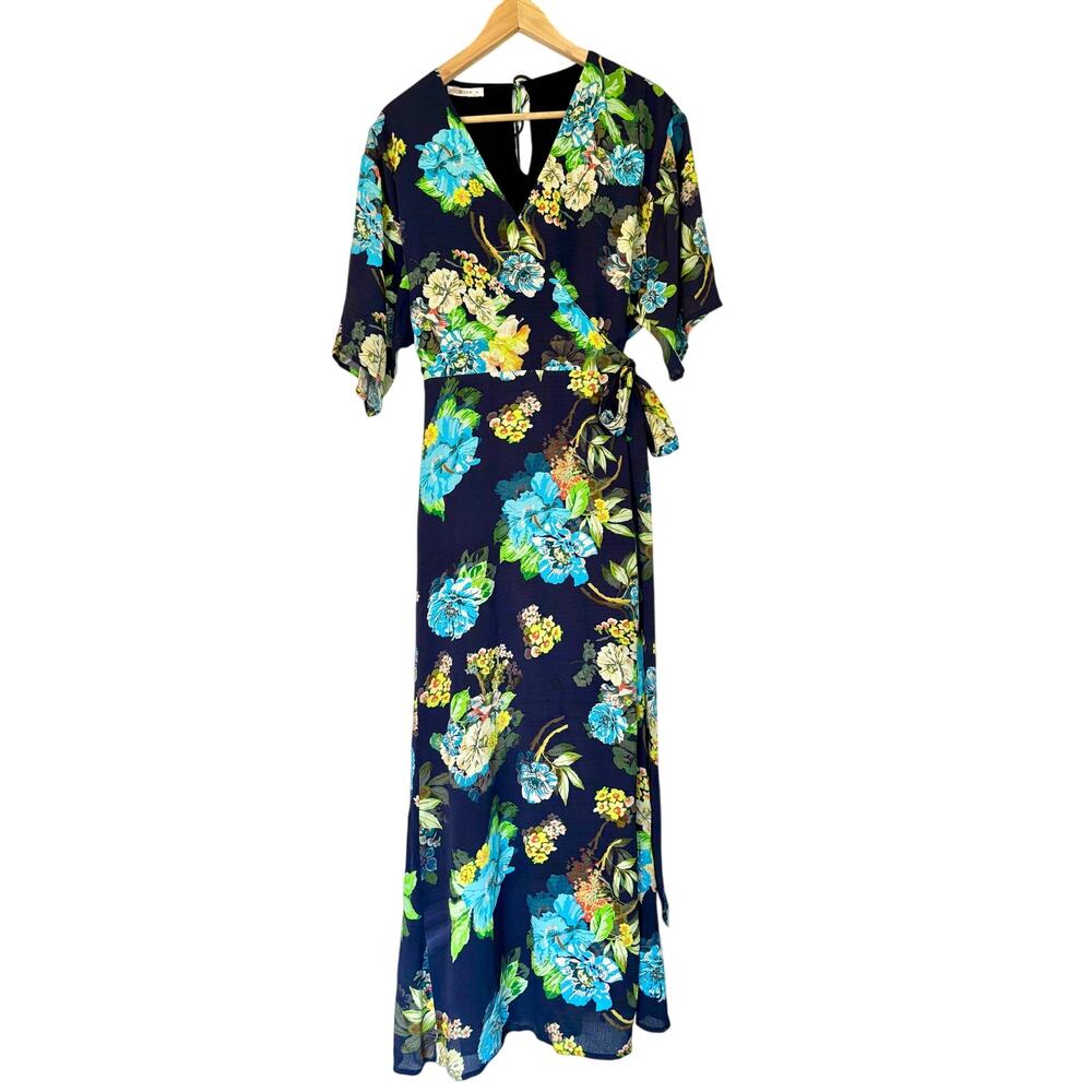 $278 ROAM Navy Blue Floral Wrap Maxi Dress Colorful Summer Resort Size Medium